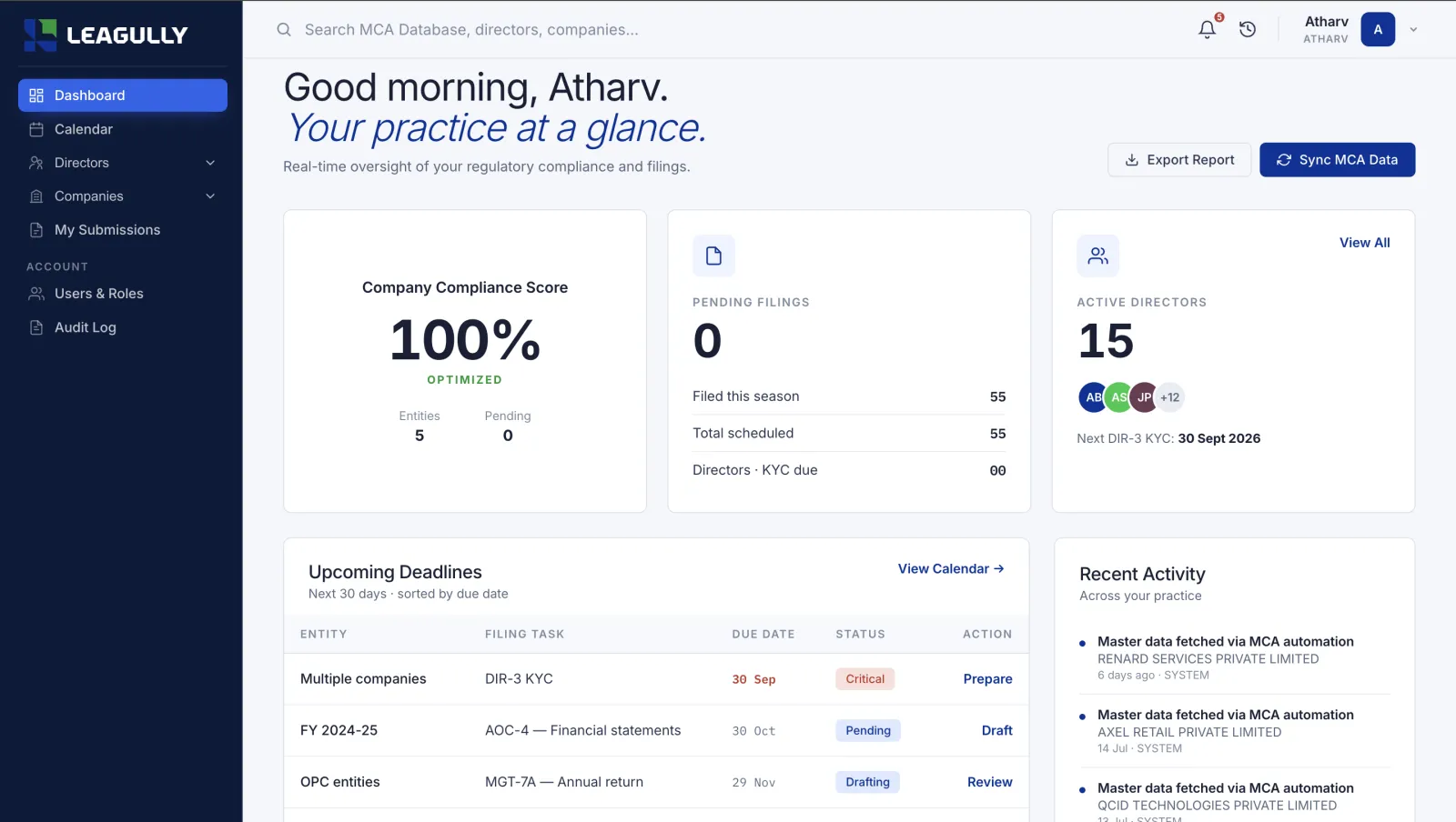 Leagully compliance dashboard